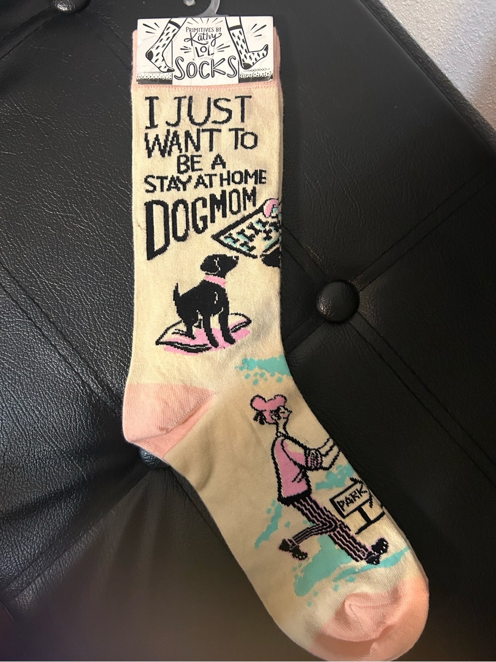 Primitives by Kathy Cream Socks with Pink, Black & Aqua Farm Girl Dog Design
